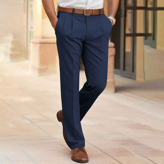 Men's Casual Suit Pants - Mid Waist Straight Long Trousers for Office Business Formal
