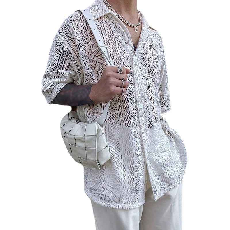 Fashion Hollow Short Sleeve Shirt Summer Mesh Lapel Button Tops - Trendy Hollow Short Sleeve Shirt