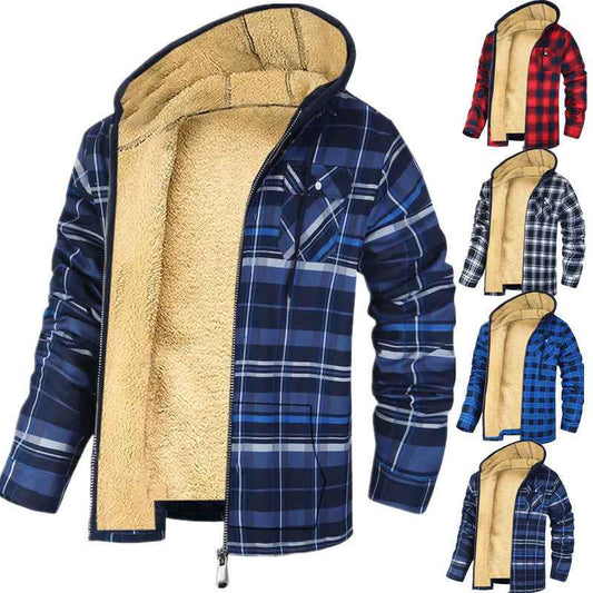 Men's Plaid Hooded Jacket Winter Thickened Cotton-Padded Coat Warm Clothing