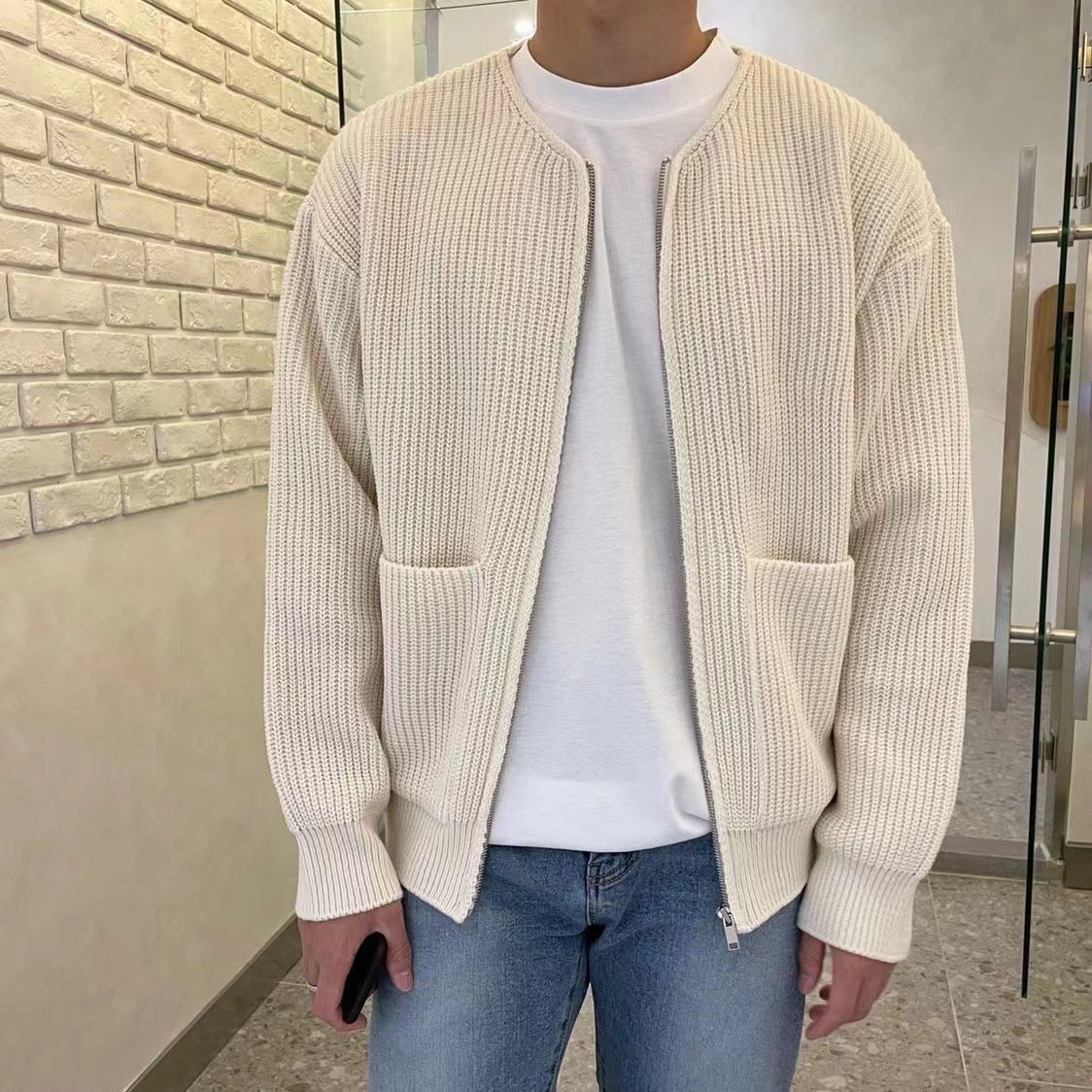 Men Zip Up Knitted Cardigan Lined Funnel Neck Jumper Sweater Pockets Coat All Seasons Comfortable Soft Long Sleeve - TWENTY ONE SEVEN