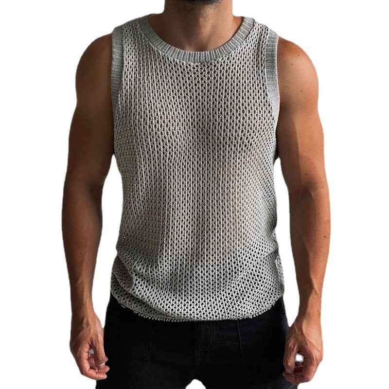 Solid Color Hollow Knitted Vest - Round Neck Sleeveless Design