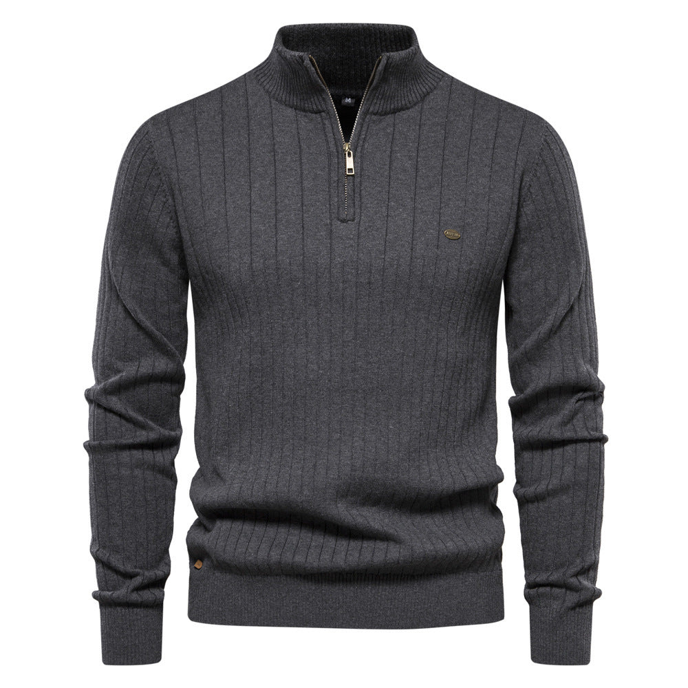 Men's Stand Collar Sweater Fashion Half-zipper Solid Color Striped Knit Sweater High Quality Slim Fit Top Clothing - TWENTY ONE SEVEN