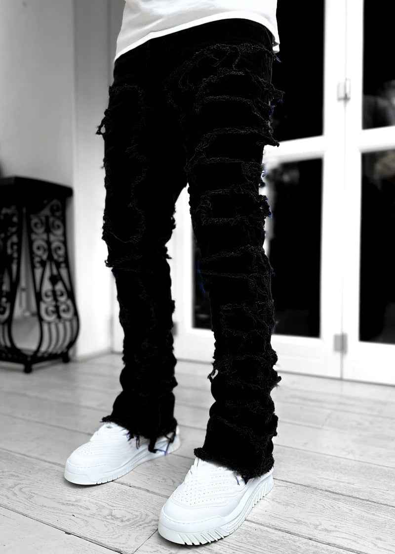 Men's Stacked Jeans for Men - Individual Patched Long Tight Fit Pants