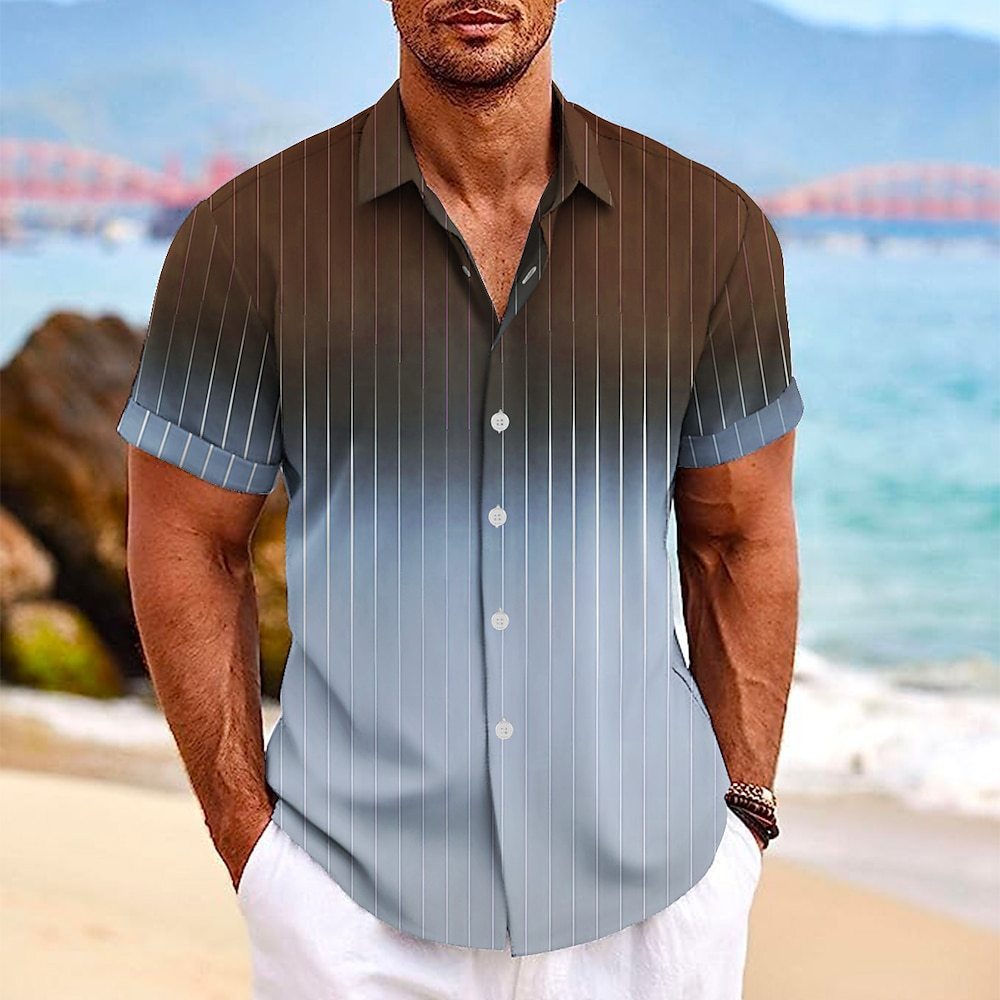 Lapel Button Short-sleeved Shirt Summer Fashion Gradient Striped Print Beach Shirt Leisure Tops Men's Clothing - TWENTY ONE SEVEN