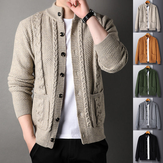 New Single-breasted Men's Jacquard Cardigan with Pockets, Loose-fitting Fashion Sweater