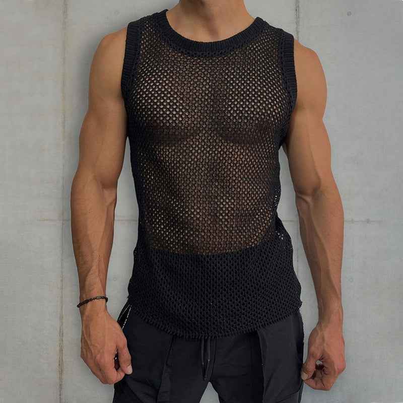 Solid Color Hollow Knitted Vest - Round Neck Sleeveless Design