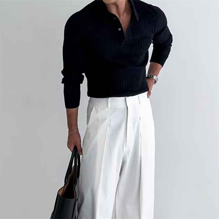 Lapel Button Slim Fit Polo Shirt Long Sleeve Knitted Bottoming Top for Men