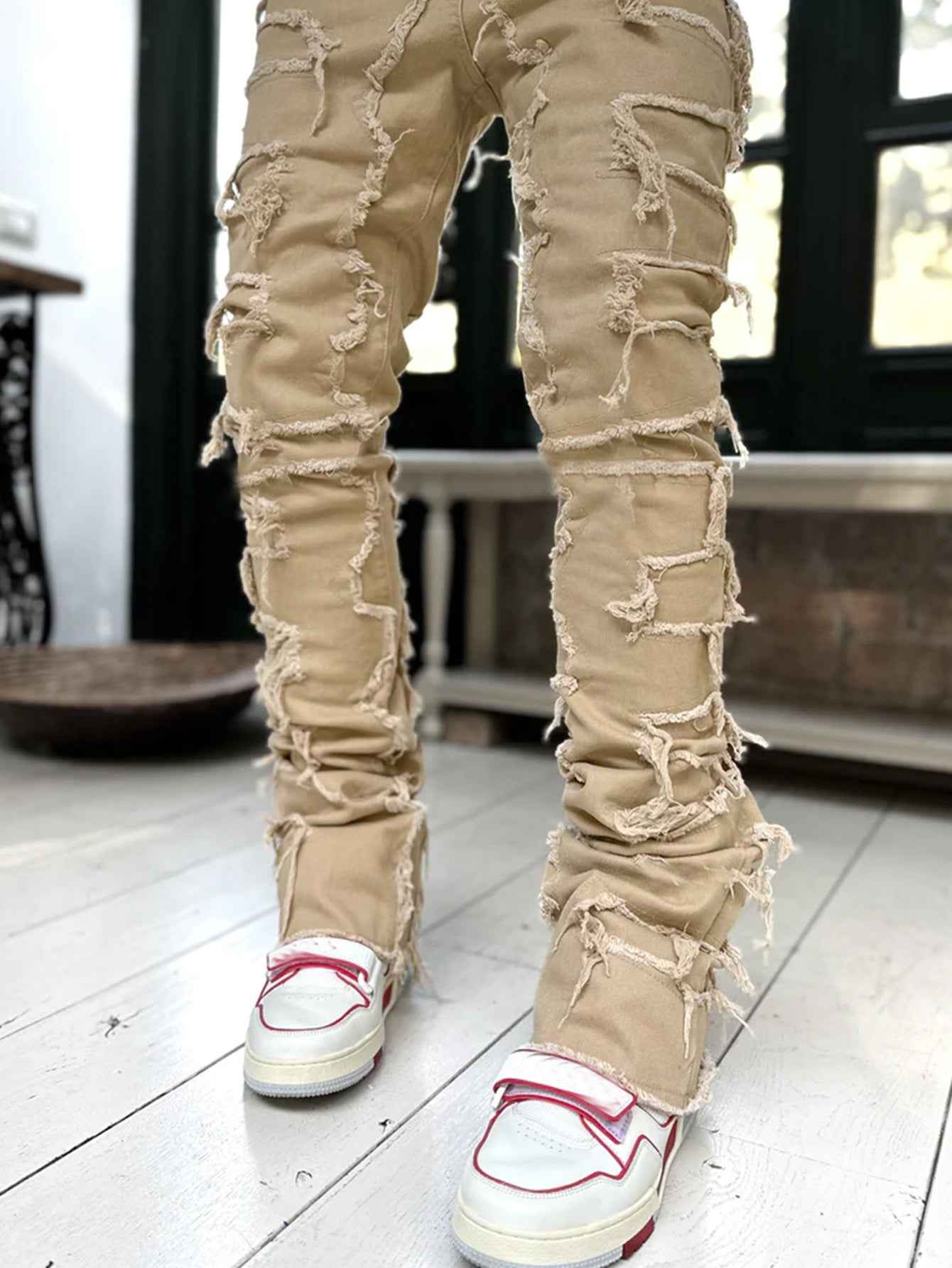 Men's Stacked Jeans for Men - Individual Patched Long Tight Fit Pants