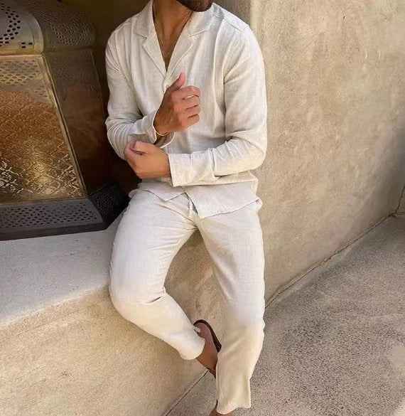 Men's Casual Long-sleeved Suit with Lapel Shirt Top and Slim-fit Trousers