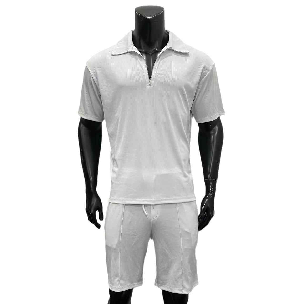 Men's Casual Summer Set - Stylish Zipper Polo & Drawstring Shorts