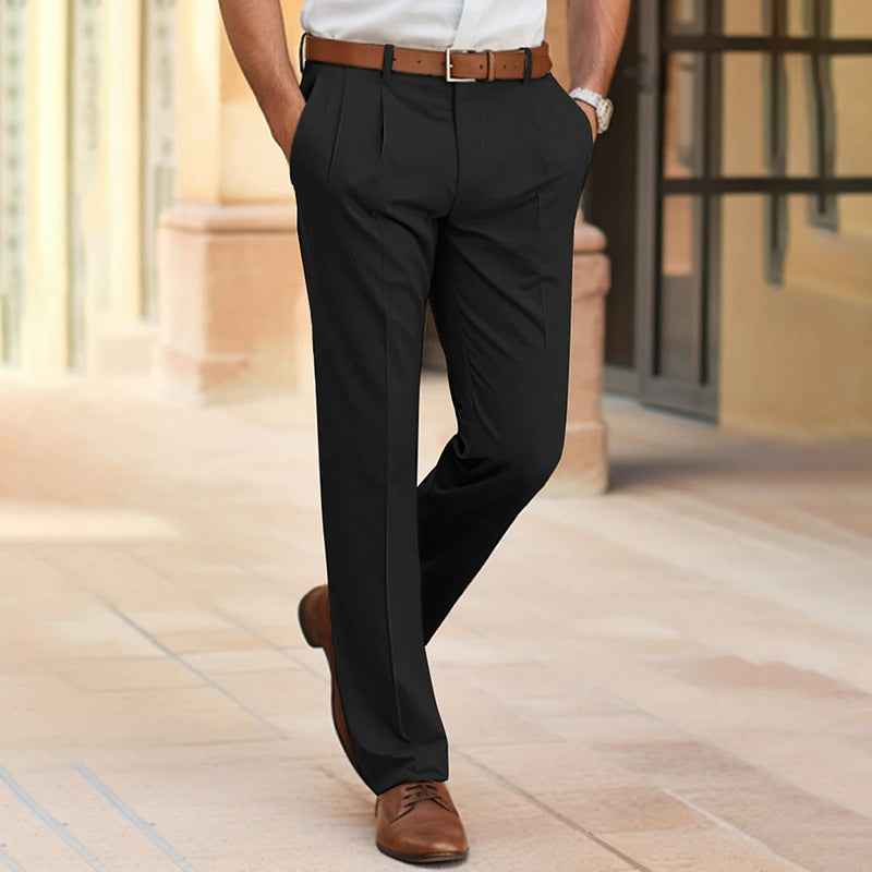 Men's Casual Suit Pants - Mid Waist Straight Long Trousers for Office Business Formal