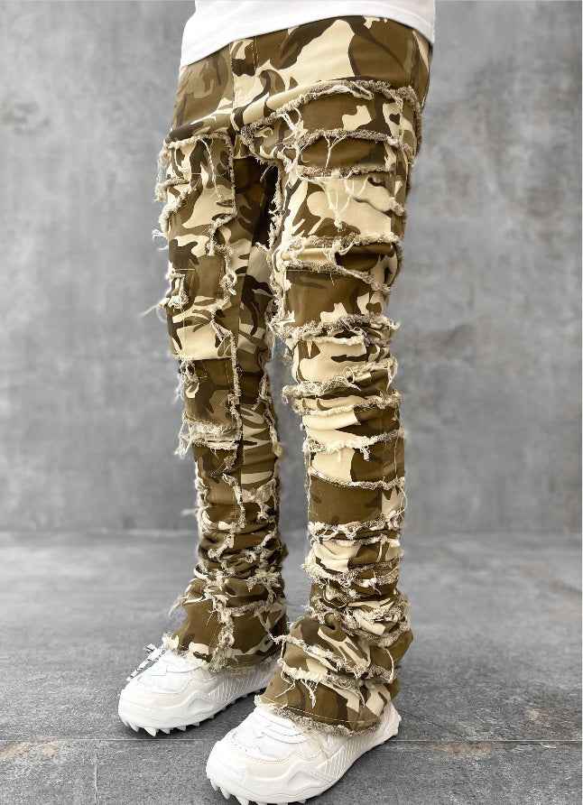 Men's Stacked Jeans for Men - Individual Patched Long Tight Fit Pants