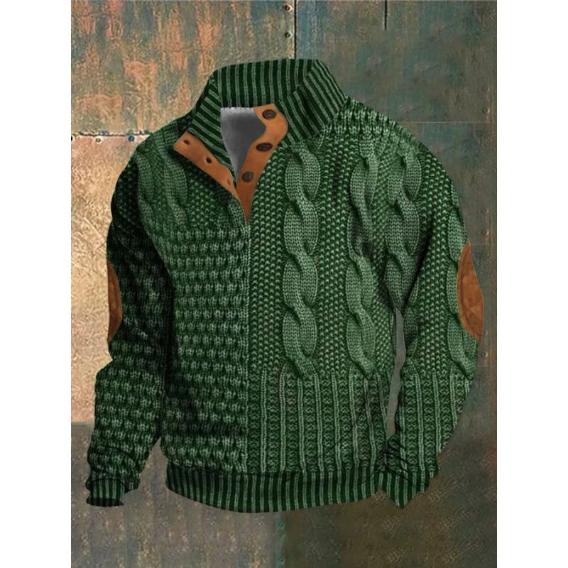 3D Printed Polo Sweater for Men - Trendy Stand Collar Buckle Design