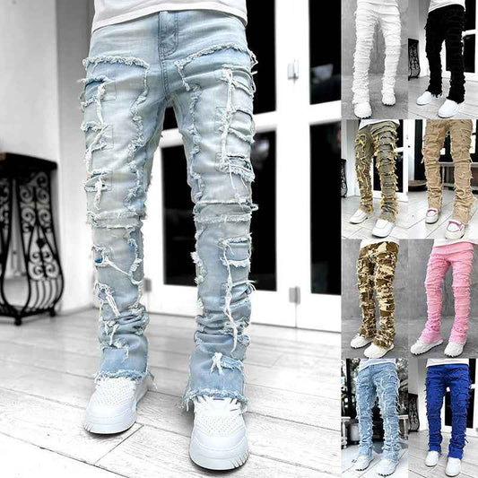 Men's Stacked Jeans for Men - Individual Patched Long Tight Fit Pants