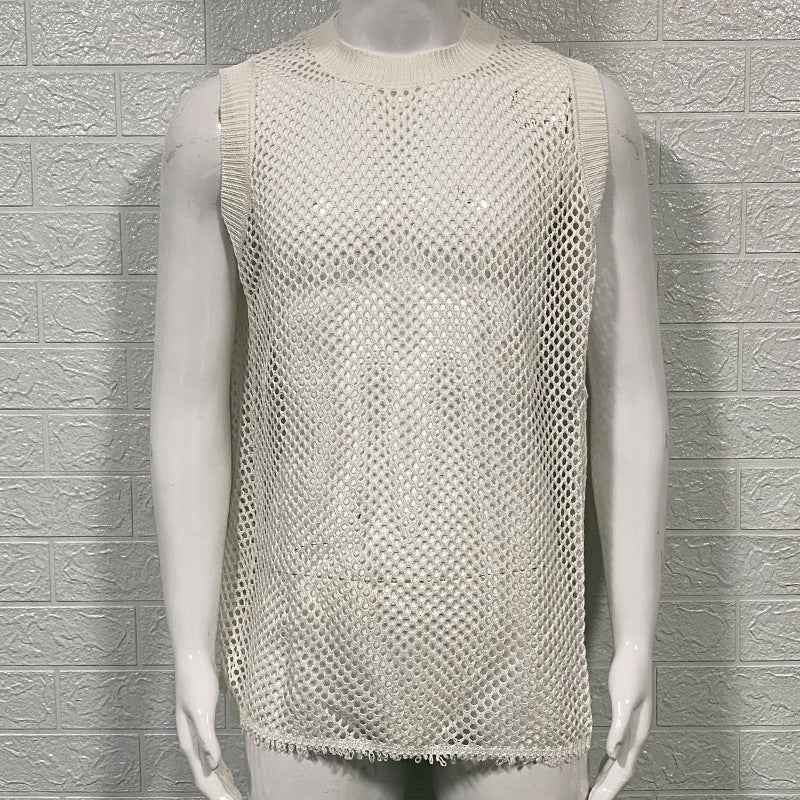 Solid Color Hollow Knitted Vest - Round Neck Sleeveless Design