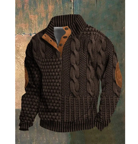 3D Printed Polo Sweater for Men - Trendy Stand Collar Buckle Design