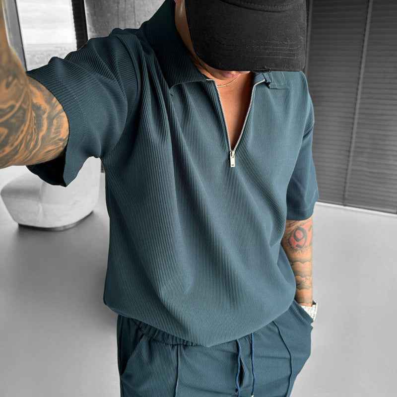 Men's Casual Summer Set - Stylish Zipper Polo & Drawstring Shorts