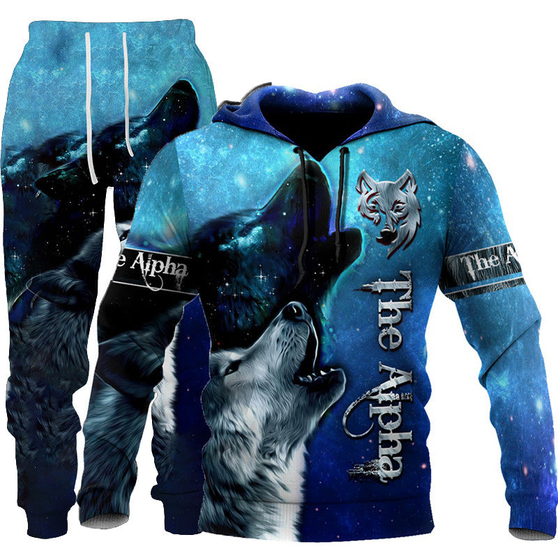 3D Wolf Tracksuit for Men - Hooded Sweatsuit Two Piece Sportswear Jogging Set for Fitness and Outdoors