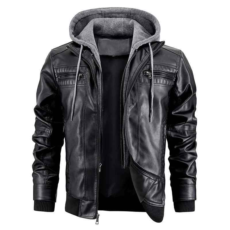 Hooded Leather Jacket with Zipper Pockets - Warm PU Leather Coat for Men