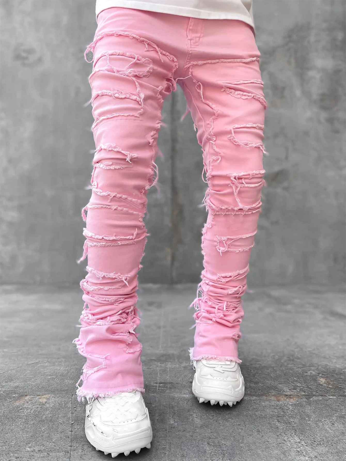 Men's Stacked Jeans for Men - Individual Patched Long Tight Fit Pants