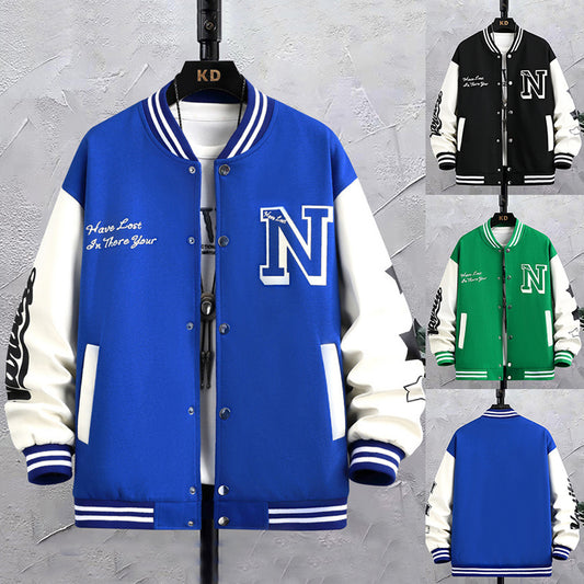 Letter Print Color Block Jacket Ins Fashion Loose Button Round Neck Baseball Coat Top For Men - TWENTY ONE SEVEN