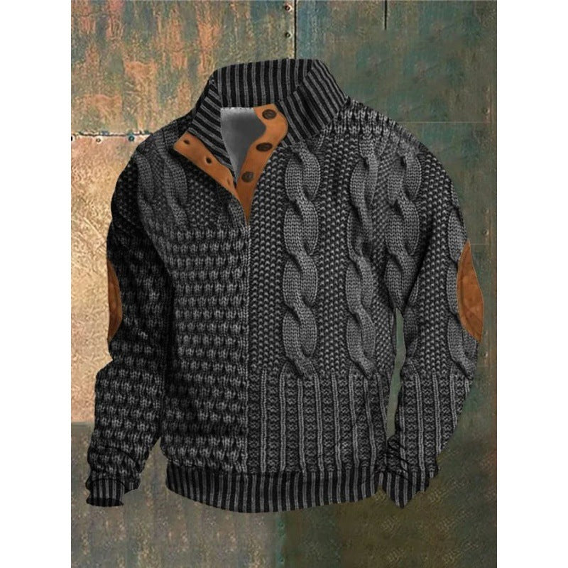 3D Printed Polo Sweater for Men - Trendy Stand Collar Buckle Design