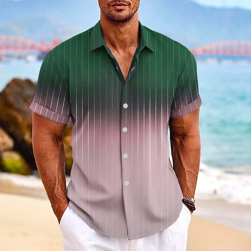 Lapel Button Short-sleeved Shirt Summer Fashion Gradient Striped Print Beach Shirt Leisure Tops Men's Clothing - TWENTY ONE SEVEN