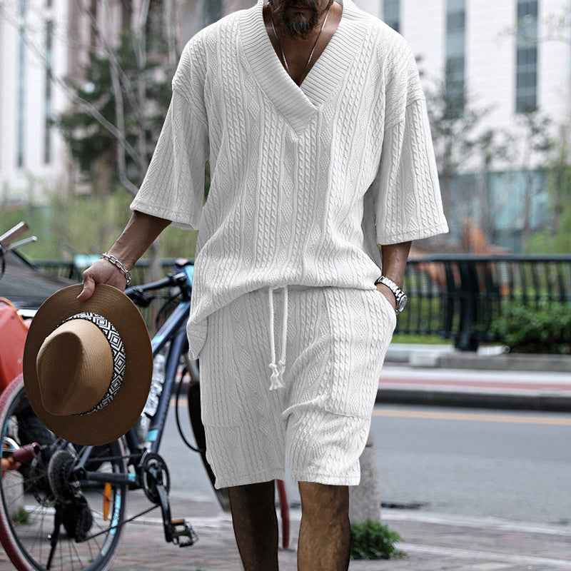 Casual Jacquard Suit Set: Summer V-neck Short-sleeved T-shirt & Drawstring Pocket Shorts 2pcs for Men