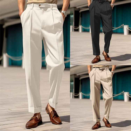 Men's Casual Trousers Comfortable Mid-Waist Button Straight Pants