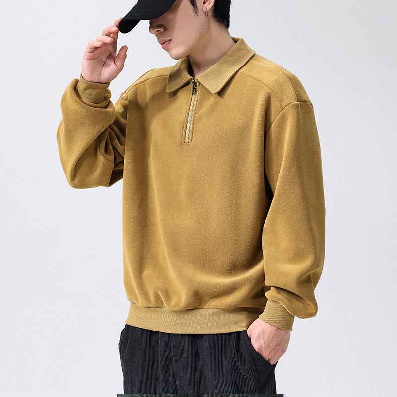 Fashion Lapel Men's Fleece Half-Zip Sweatshirt Winter Warm Long Sleeve Top