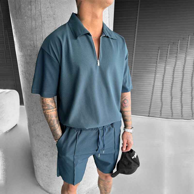 Men's Casual Summer Set - Stylish Zipper Polo & Drawstring Shorts