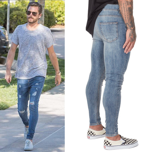 Skinny Stretch Men Washed Ripped Biker Jeans - TWENTY ONE SEVEN