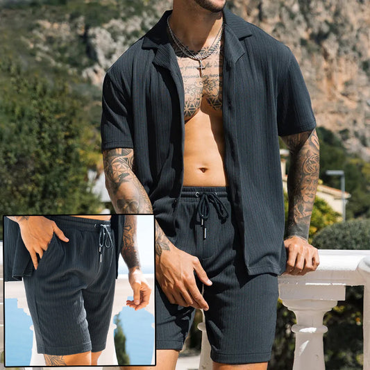 Men's Two Piece Set Short Sleeve Lapel Button Shirts And Shorts Beach Style Suits Men Summer Fashion Clothing Streetwear - TWENTY ONE SEVEN