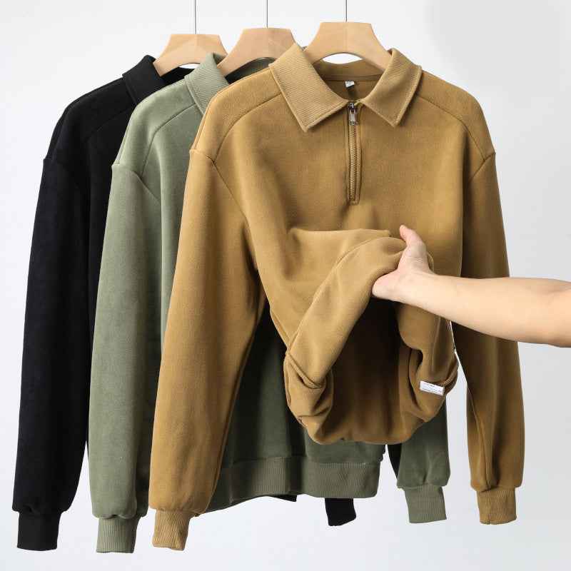 Fashion Lapel Men's Fleece Half-Zip Sweatshirt Winter Warm Long Sleeve Top