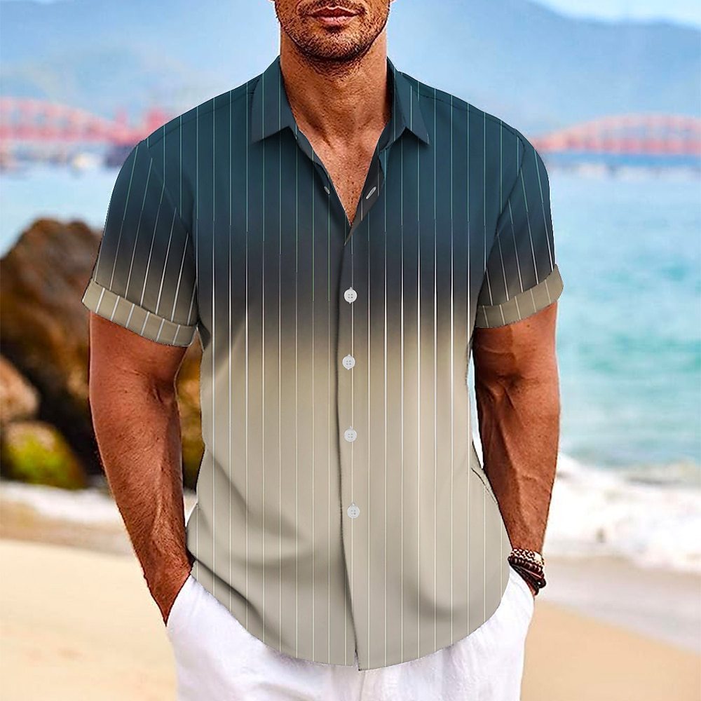 Lapel Button Short-sleeved Shirt Summer Fashion Gradient Striped Print Beach Shirt Leisure Tops Men's Clothing - TWENTY ONE SEVEN