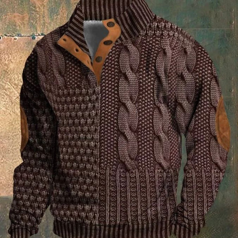 3D Printed Polo Sweater for Men - Trendy Stand Collar Buckle Design