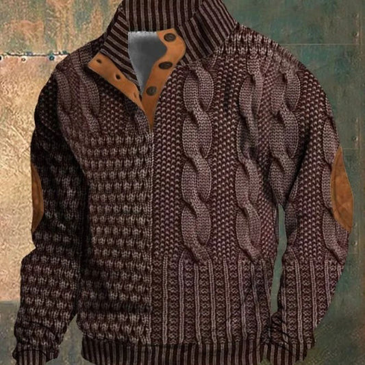 3D Printed Polo Sweater for Men - Trendy Stand Collar Buckle Design