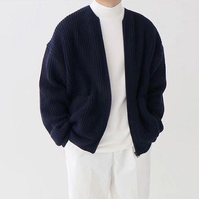 Men Zip Up Knitted Cardigan Lined Funnel Neck Jumper Sweater Pockets Coat All Seasons Comfortable Soft Long Sleeve - TWENTY ONE SEVEN