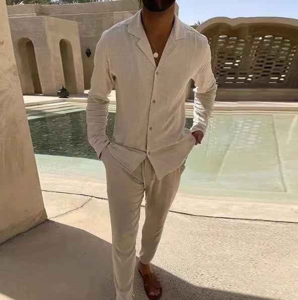 Men's Casual Long-sleeved Suit with Lapel Shirt Top and Slim-fit Trousers