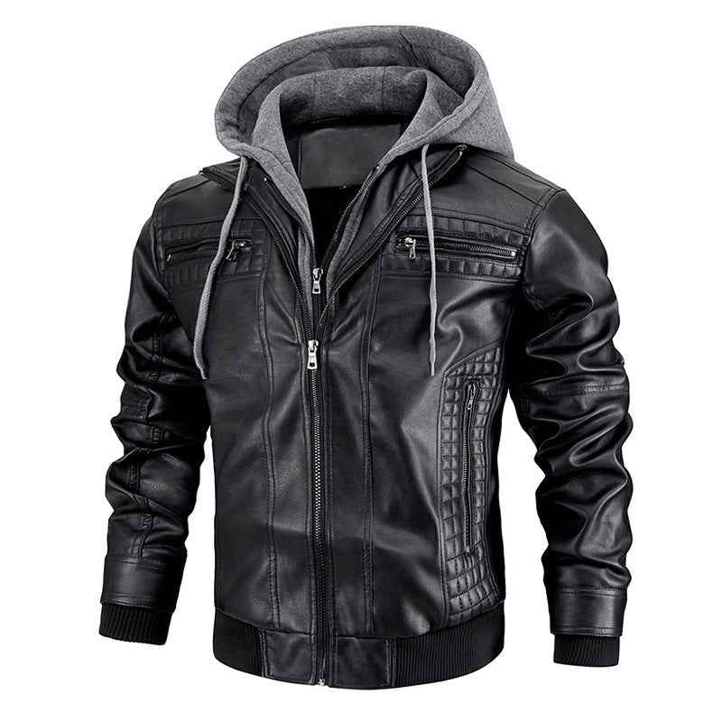 Hooded Leather Jacket with Zipper Pockets - Warm PU Leather Coat for Men