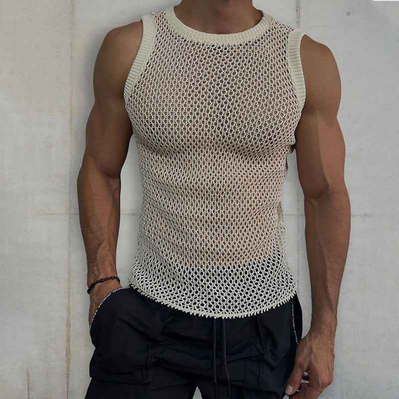 Solid Color Hollow Knitted Vest - Round Neck Sleeveless Design