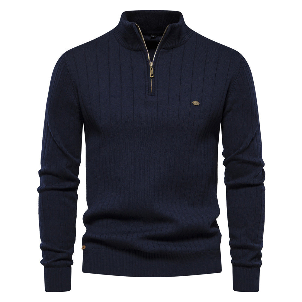 Men's Stand Collar Sweater Fashion Half-zipper Solid Color Striped Knit Sweater High Quality Slim Fit Top Clothing - TWENTY ONE SEVEN