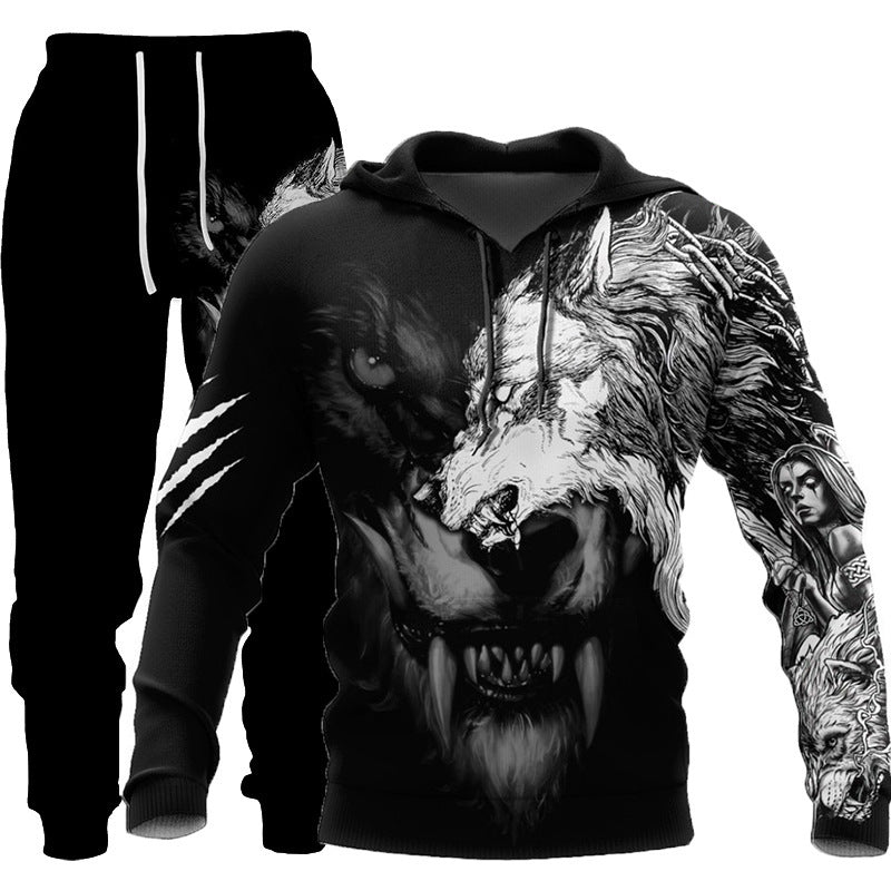 3D Wolf Tracksuit for Men - Hooded Sweatsuit Two Piece Sportswear Jogging Set for Fitness and Outdoors