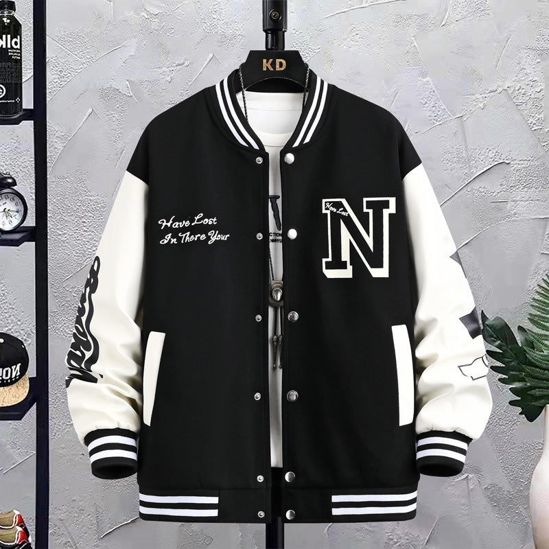 Letter Print Color Block Jacket Ins Fashion Loose Button Round Neck Baseball Coat Top For Men - TWENTY ONE SEVEN