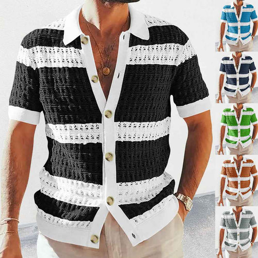 Summer Luxury Men's Polo Neck Cardigan Short Sleeve Knitted Shirt Breathable Top Coat