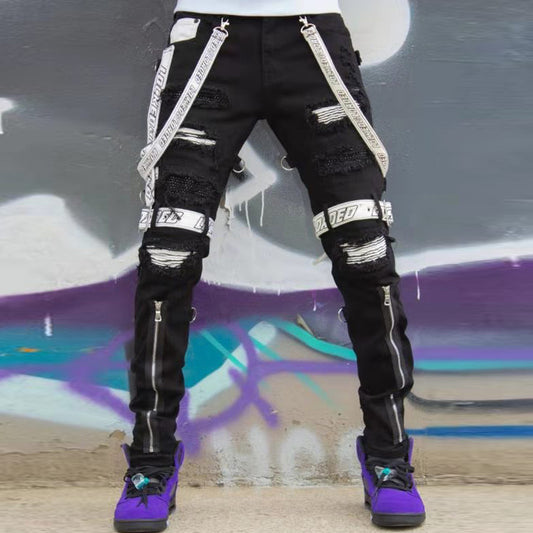 Ripped Slim Fit Jeans with Zipper and Ripped Feet for Men