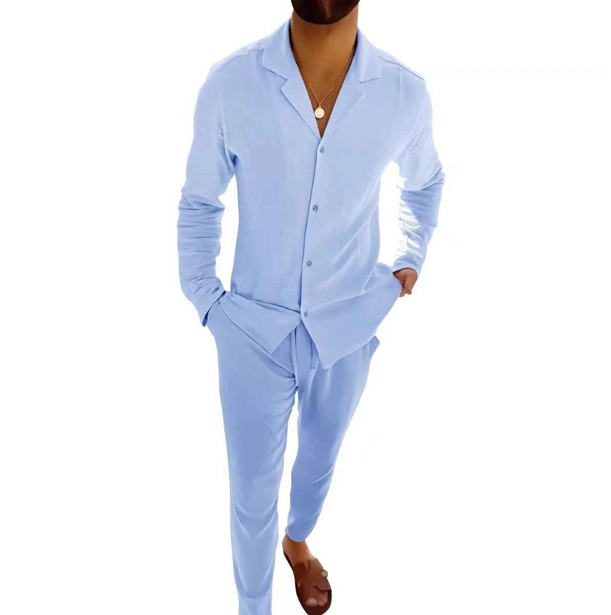 Men's Casual Long-sleeved Suit with Lapel Shirt Top and Slim-fit Trousers