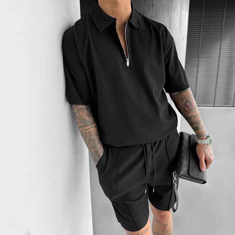 Men's Casual Summer Set - Stylish Zipper Polo & Drawstring Shorts