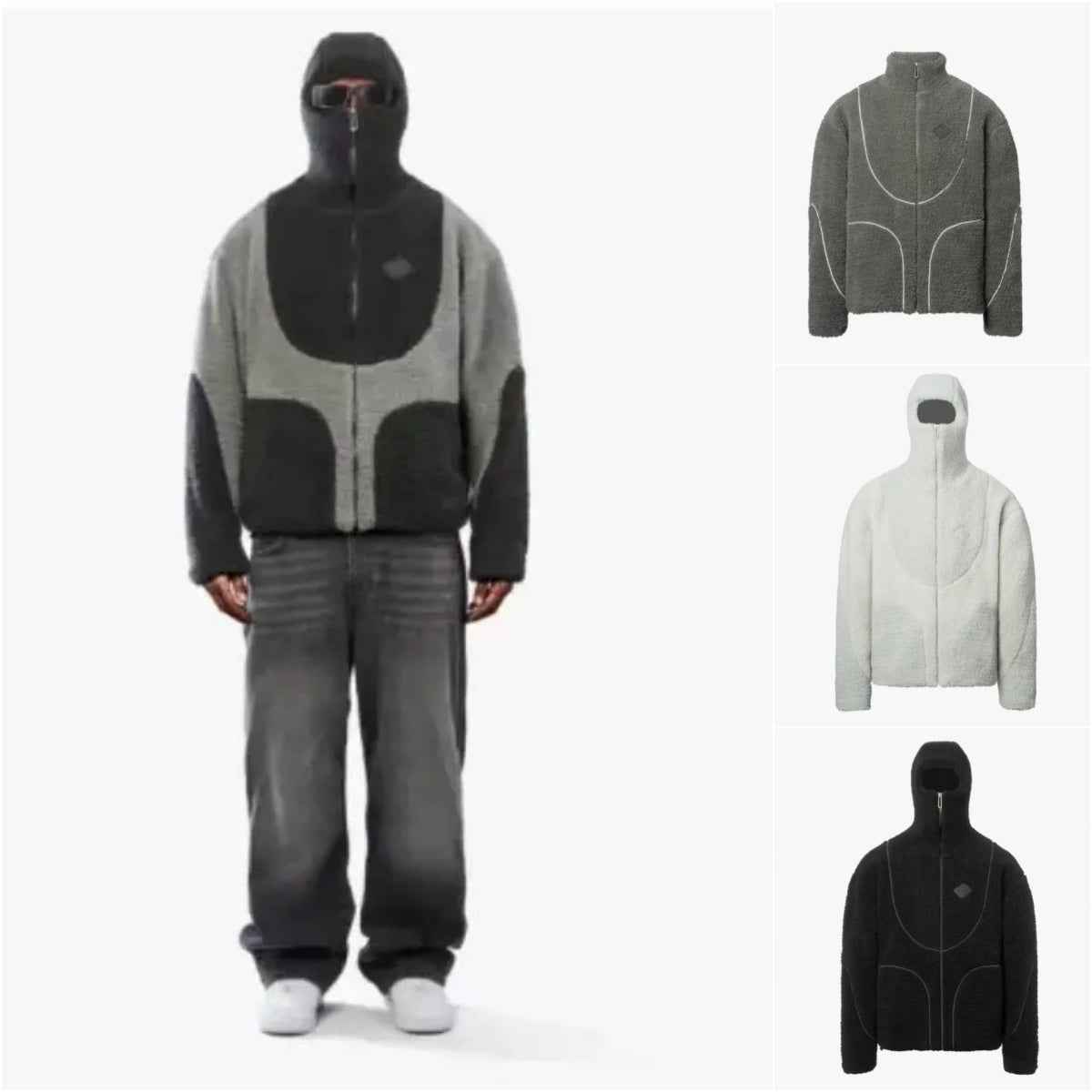 Lamb Wool Hooded Coat for Men - Fashionable Zip-Up Sweatshirt with Patchwork Design