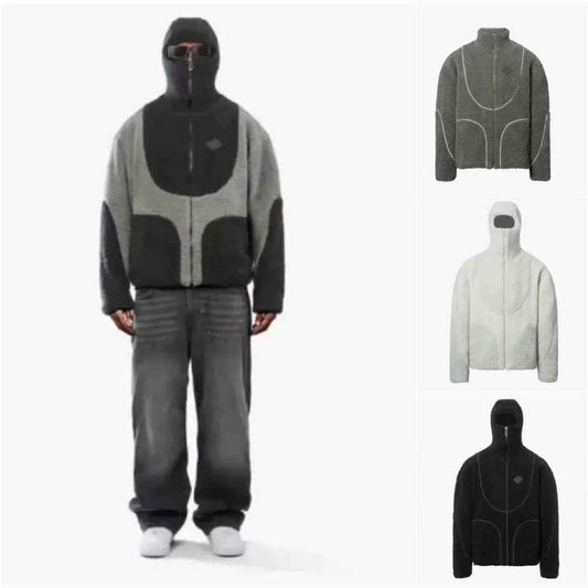 Lamb Wool Hooded Coat for Men - Fashionable Zip-Up Sweatshirt with Patchwork Design
